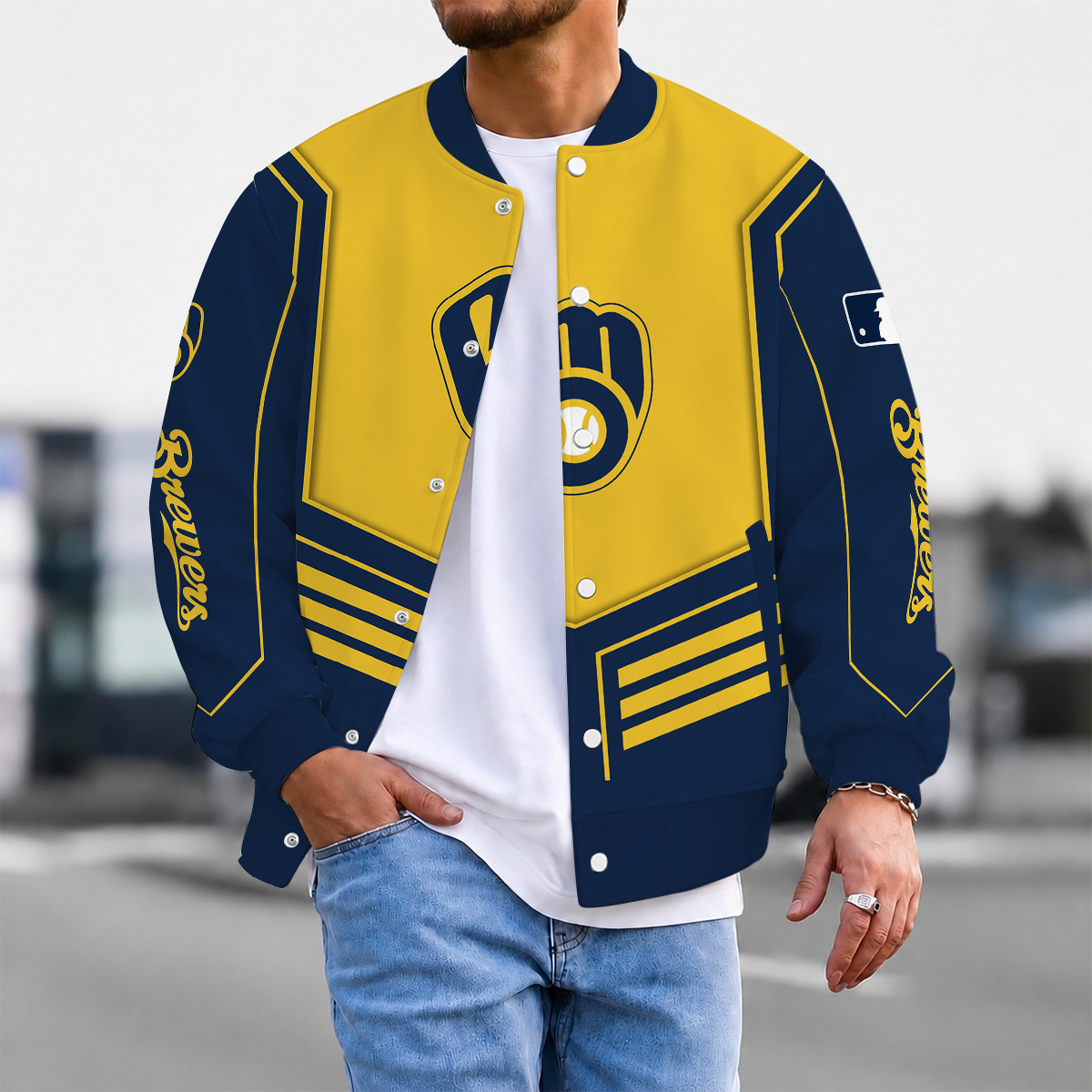 EXCLUSIVE EDITION - NEW CUSTOMIZED MLB15 MBS MILWAUKEE BREWERS SATIN VARSITY & BASEBALL JACKET
