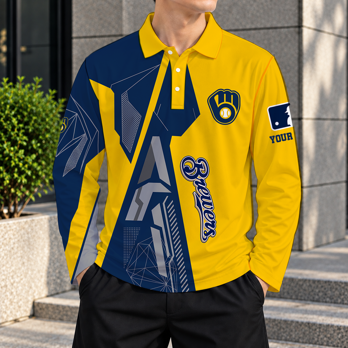 SPECIAL EDITION - NEW CUSTOMIZED MLB15 MBS MILWAUKEE BREWERS MEN'S LONG SLEEVE POLO