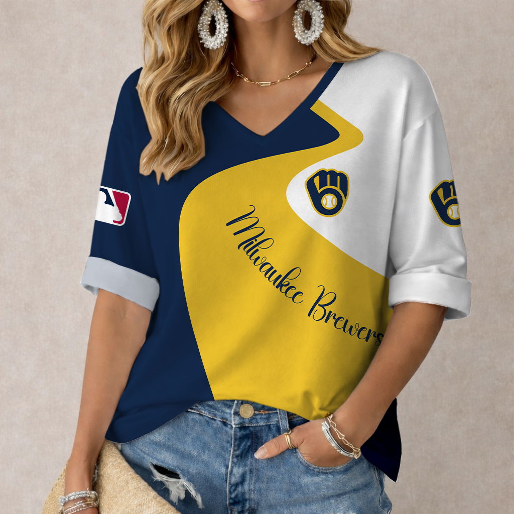 LIMITED EDITION - NEW CUSTOMIZED MLB15 MBS MILWAUKEE BREWERS WOMEN'S  V-NECK LONG SLEEVE SHIRT