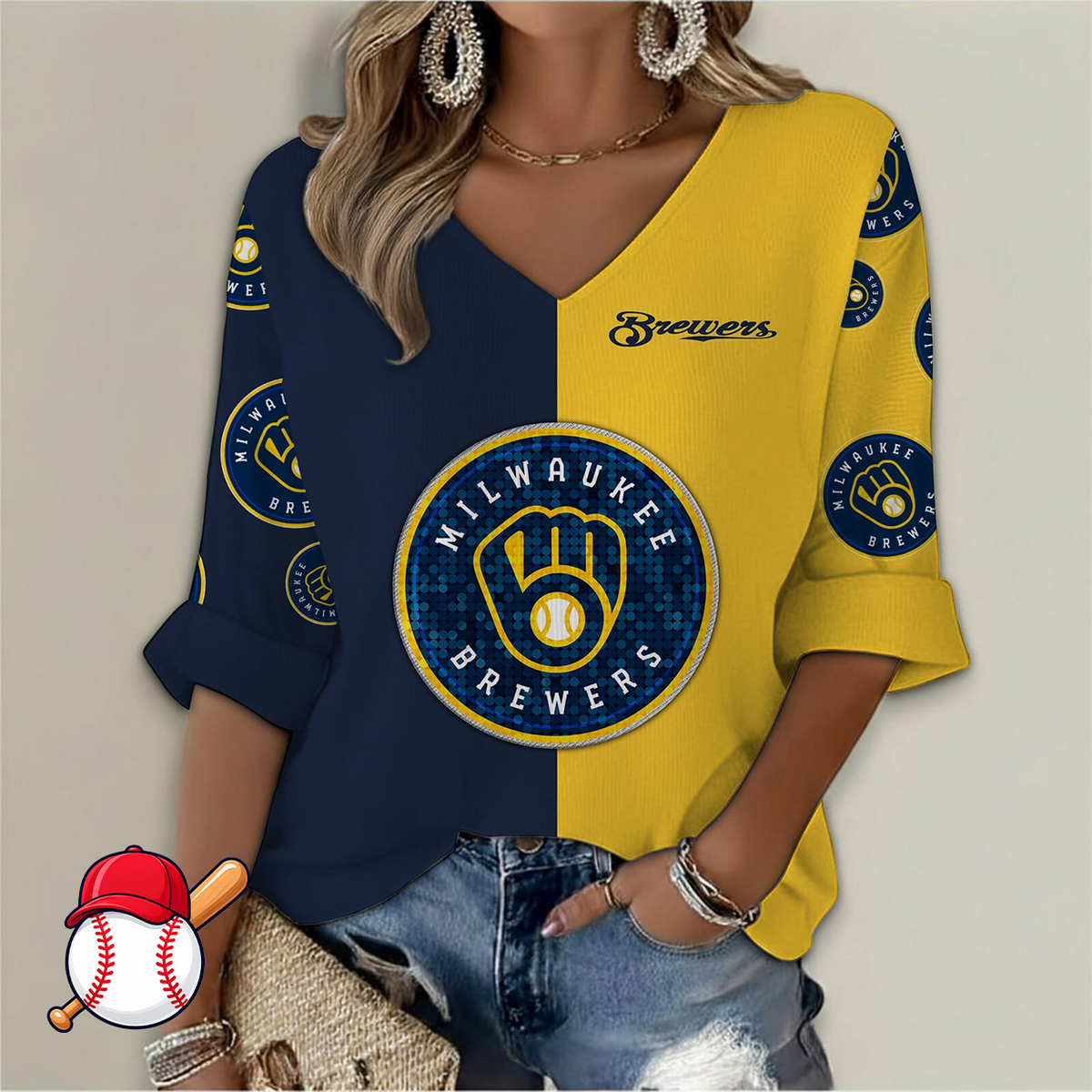 LIMITED EDITION - NEW CUSTOMIZED MLB15 MBS MILWAUKEE BREWERS WOMEN'S  V-NECK LONG SLEEVE SHIRT