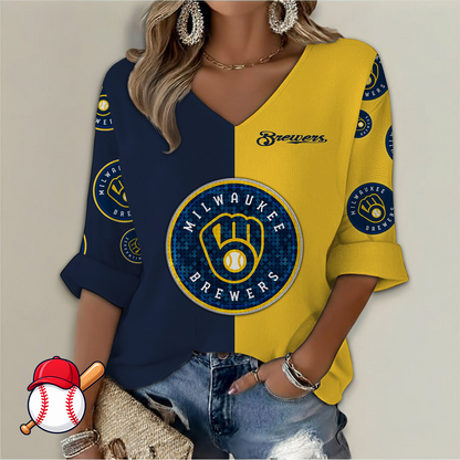 LIMITED EDITION - NEW CUSTOMIZED MLB15 MBS MILWAUKEE BREWERS WOMEN'S  V-NECK LONG SLEEVE SHIRT