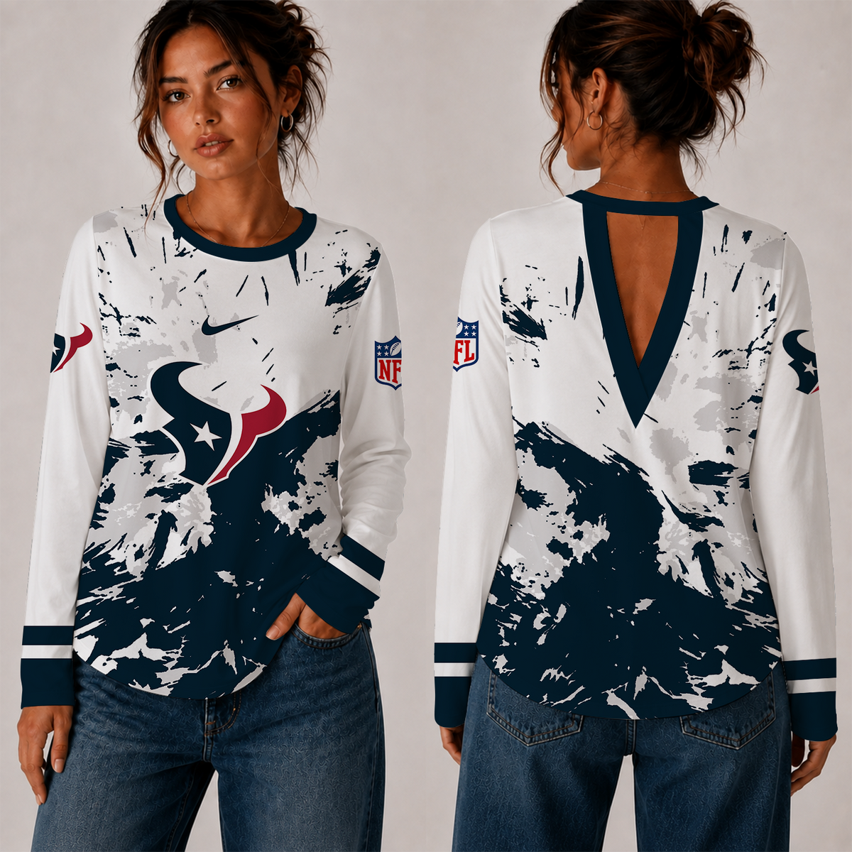 [SPECIAL OFFER] NEW CUSTOMIZED NFL15 HTT HOUSTON TEXANS WOMEN'S BACK V-CUT LONG-SLEEVE SHIRT