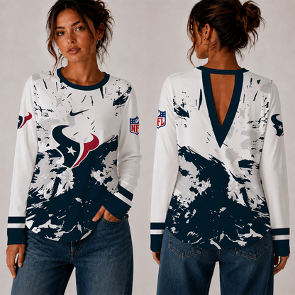 [SPECIAL OFFER] NEW CUSTOMIZED NFL15 HTT HOUSTON TEXANS WOMEN'S BACK V-CUT LONG-SLEEVE SHIRT