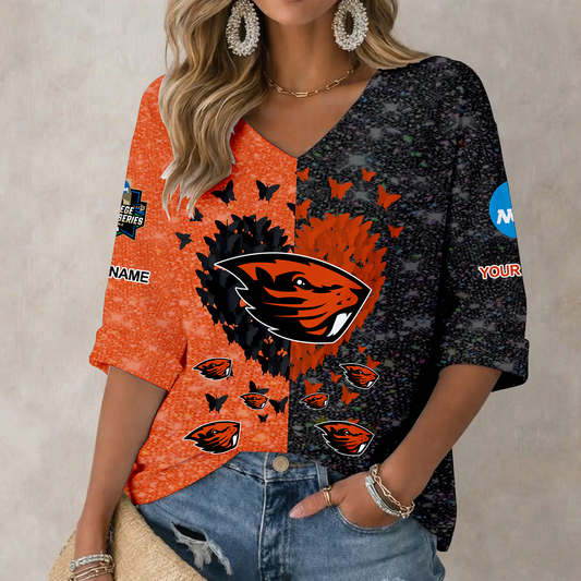 LIMITED DROP - NEW CUSTOMIZED | NCAA CWS15 OGB OREGON STATE BEAVERS WOMEN'S HEART V-NECK LONG SLEEVE SHIRT