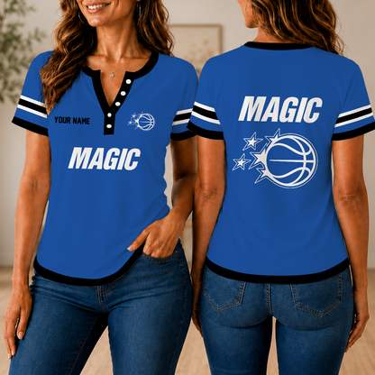 LIMITED EDITION - NEW CUSTOMIZED NBA15 OMA ORLANDO MAGIC  WOMEN'S SHORT SLEEVE HENLEY T-SHIRT