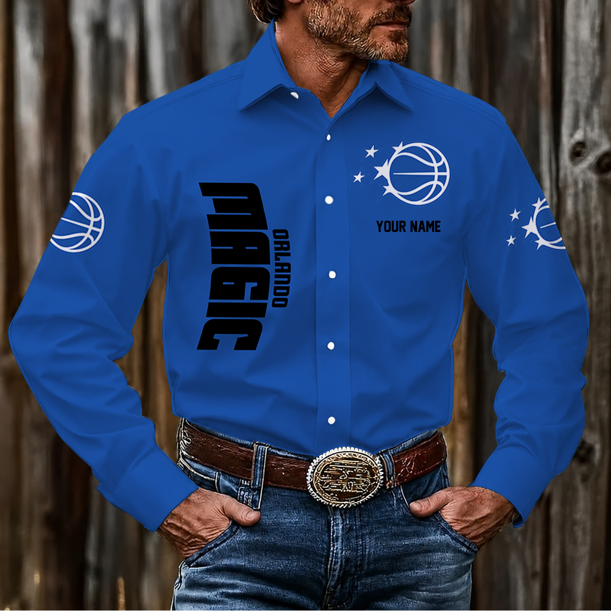 FINAL SALE - NEW CUSTOMIZED NBA15 OMA ORLANDO MAGIC MEN'S LONG SLEEVE BUTTON-UP SHIRT