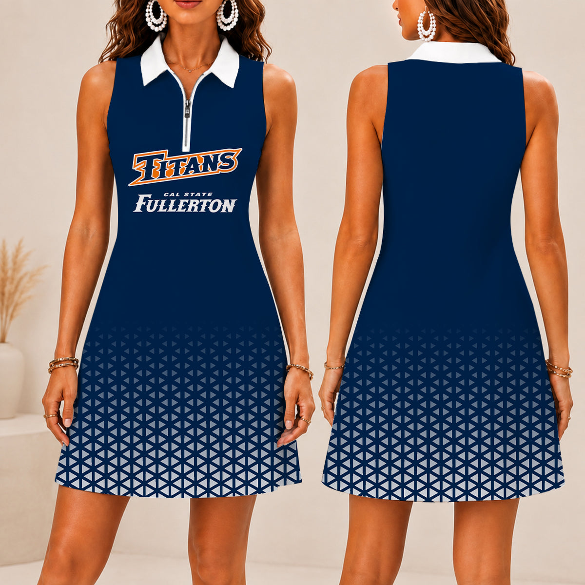 ELITE EDITION - NEW CUSTOMIZED | NCAA CWS16 CFT CAL STATE FULLERTON TITANS WOMEN'S ZIP SLEEVELESS POLO DRESS