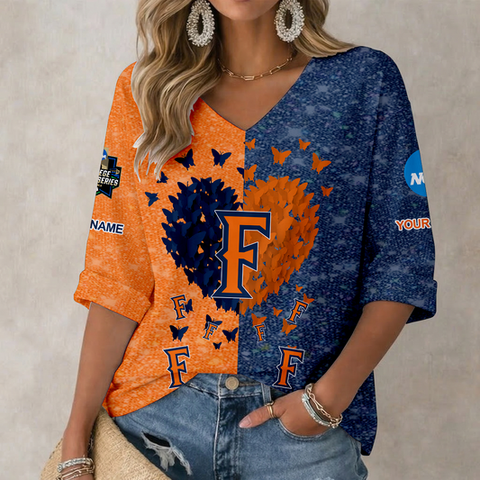 LIMITED DROP - NEW CUSTOMIZED | NCAA CWS16 CFT CAL STATE FULLERTON TITANS WOMEN'S HEART V-NECK LONG SLEEVE SHIRT