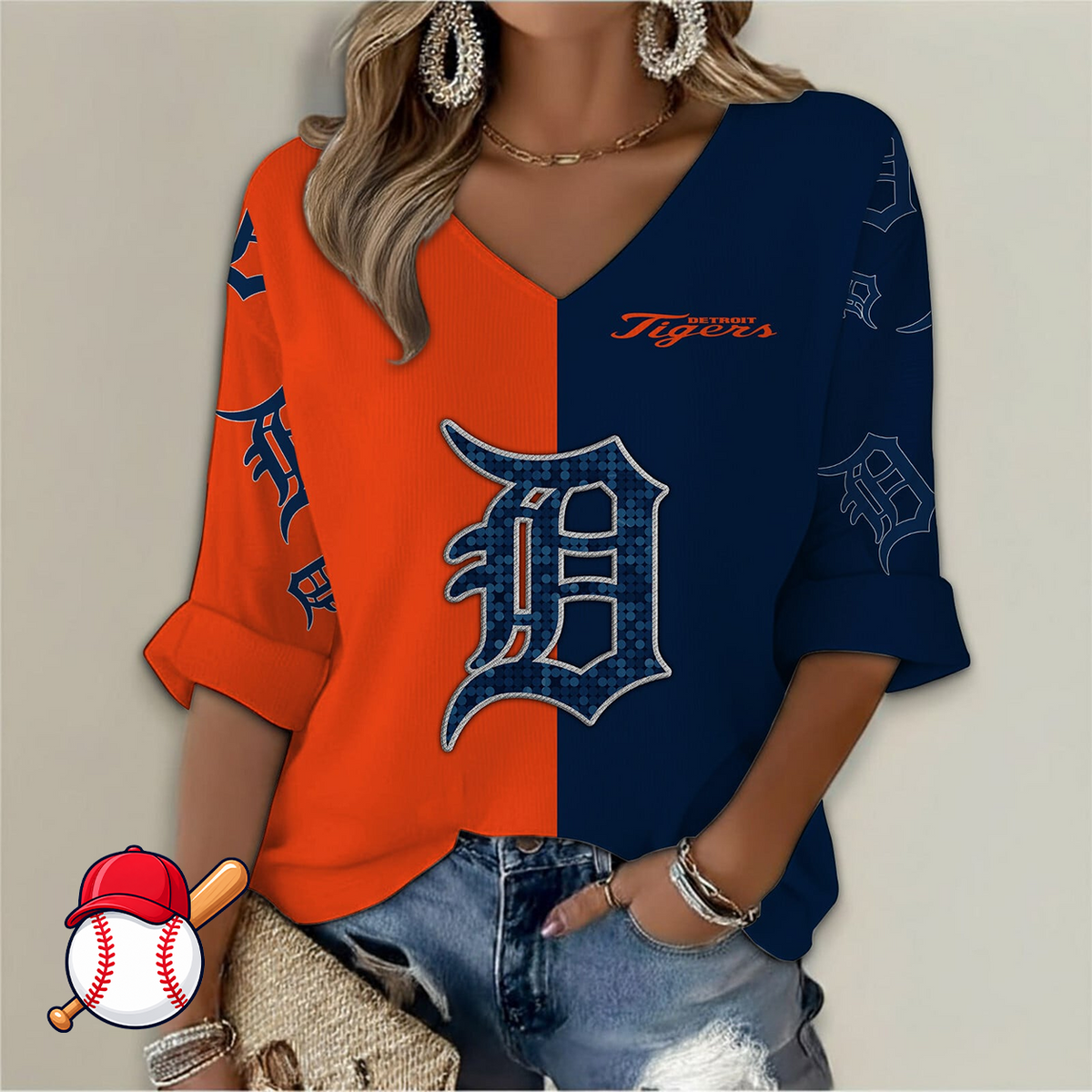 LIMITED EDITION - NEW CUSTOMIZED MLB16 DTS DETROIT TIGERS WOMEN'S  V-NECK LONG SLEEVE SHIRT