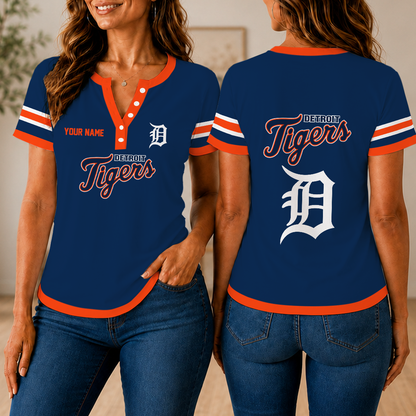SPECIAL EDITION - NEW CUSTOMIZED MLB16 DTS DETROIT TIGERS WOMEN'S SHORT SLEEVE HENLEY T-SHIRT