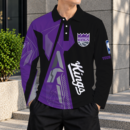 LIMITED EDITION - NEW CUSTOMIZED NBA16 SKI SACRAMENTO KINGS MEN'S LONG SLEEVE POLO