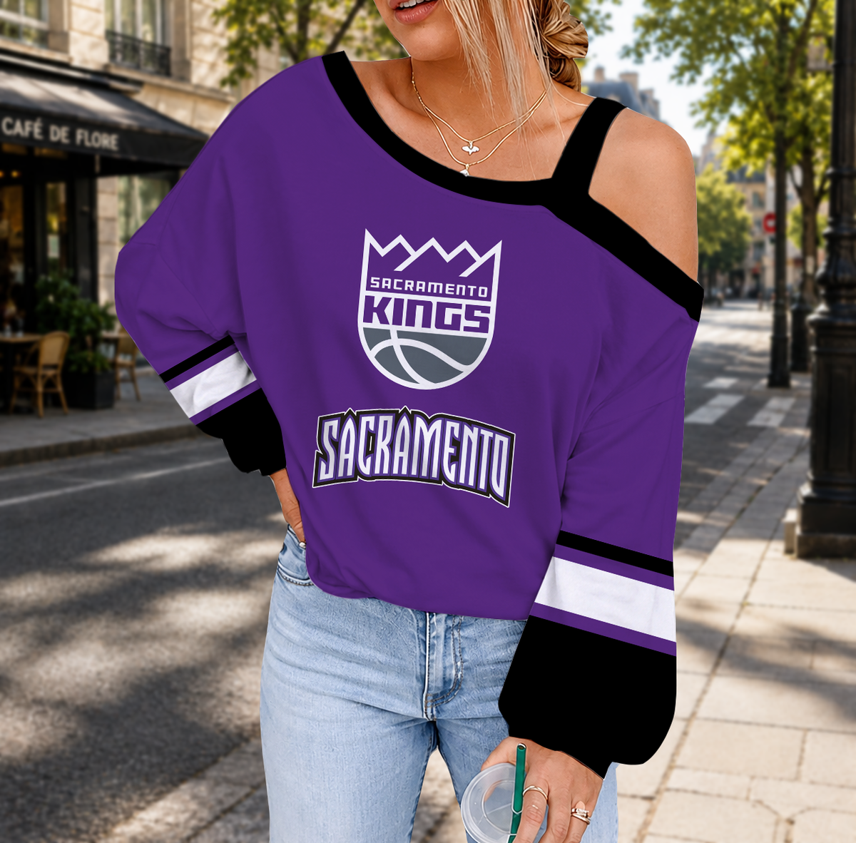 FINAL SALE - NEW CUSTOMIZED NBA16 SKI SACRAMENTO KINGS DROP SHOULDER SWEATSHIRT
