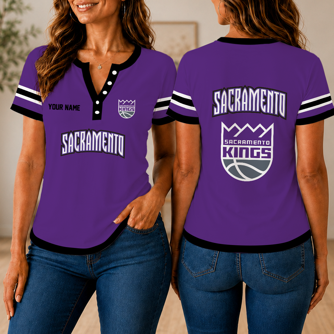 LIMITED EDITION - NEW CUSTOMIZED NBA16 SKI SACRAMENTO KINGS  WOMEN'S SHORT SLEEVE HENLEY T-SHIRT