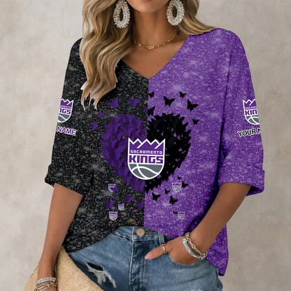 FINAL SALE - NEW CUSTOMIZED NBA16 SKI SACRAMENTO KINGS WOMEN'S HEART V-NECK LONG SLEEVE SHIRT