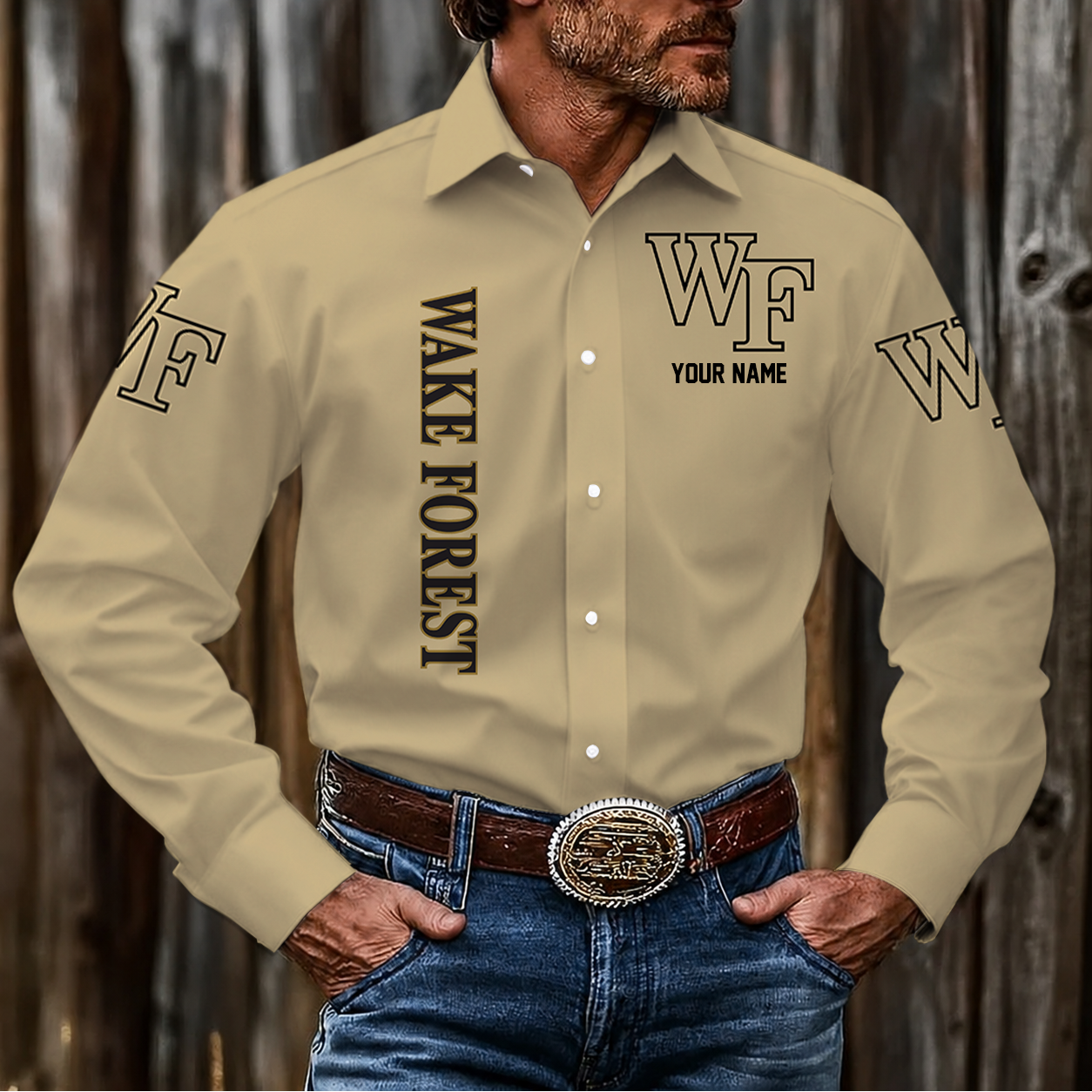 EXCLUSIVE EDITION - NEW CUSTOMIZED NCAA CFH16 WFD WAKE FOREST DEMON DEACONS MEN'S LONG SLEEVE BUTTON-UP SHIRT