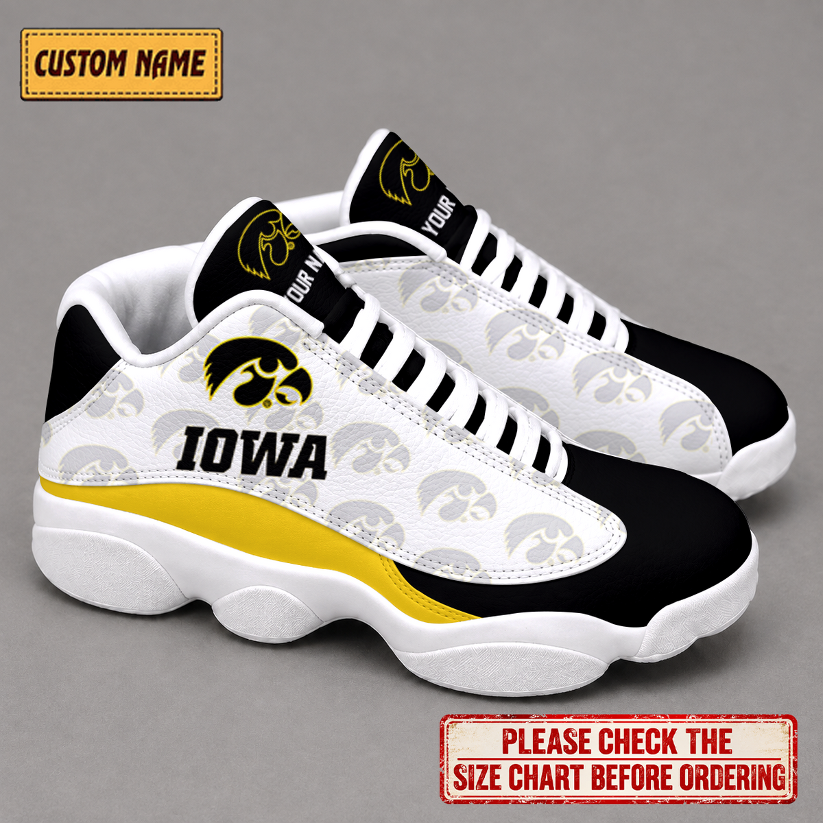 EXCLUSIVE EDITION - NEW CUSTOMIZED NCAA MAM16 IWH IOWA HAWKEYES AIR JORDAN 13 LOW TOP SNEAKER