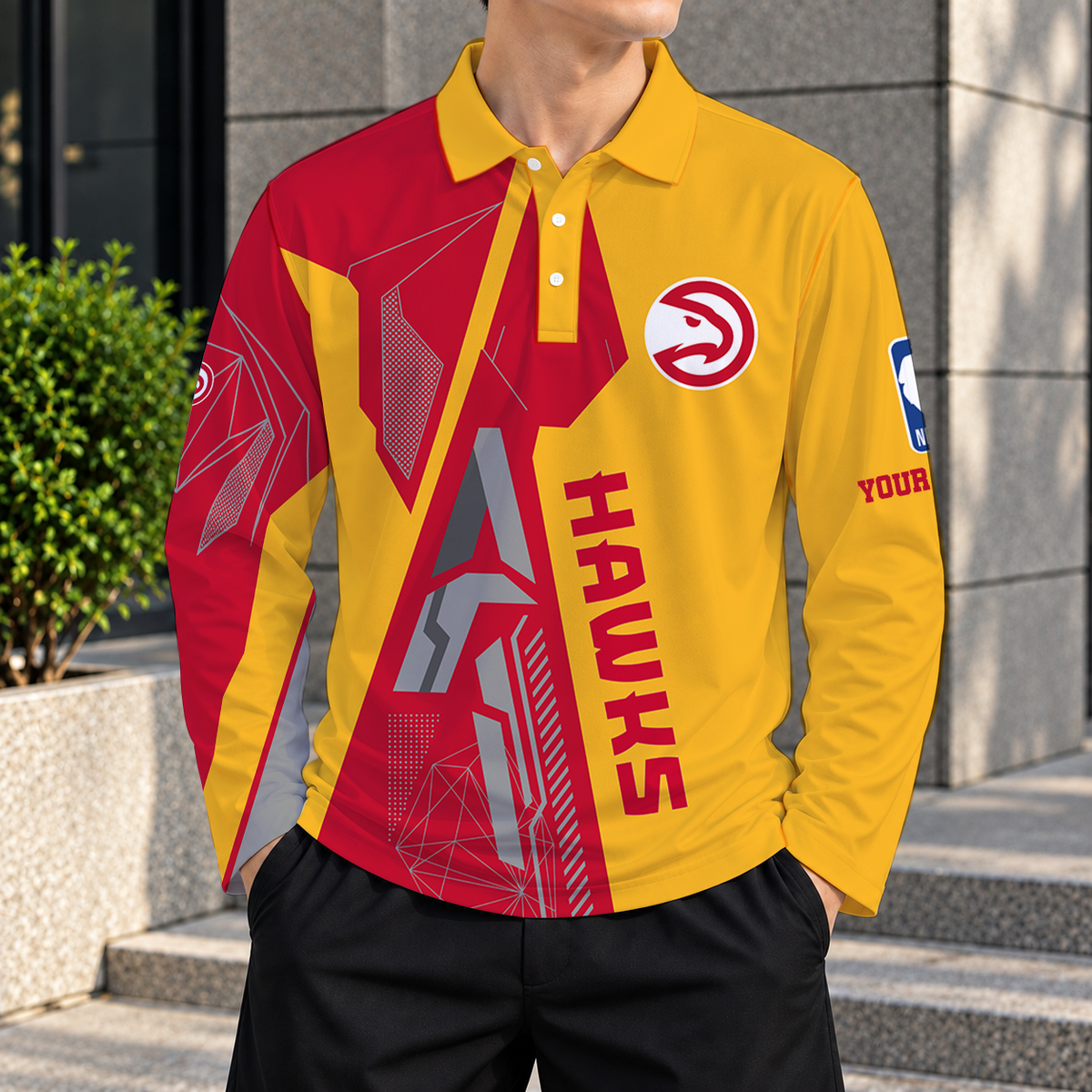 LIMITED EDITION - NEW CUSTOMIZED NBA17 AHA ATLANTA HAWKS MEN'S LONG SLEEVE POLO