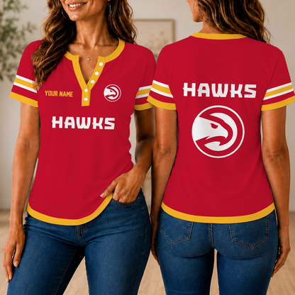 LIMITED EDITION - NEW CUSTOMIZED NBA17 AHA ATLANTA HAWKS  WOMEN'S SHORT SLEEVE HENLEY T-SHIRT