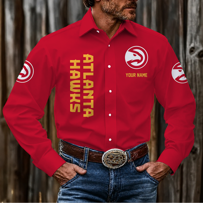 FINAL SALE - NEW CUSTOMIZED NBA17 AHA ATLANTA HAWKS MEN'S LONG SLEEVE BUTTON-UP SHIRT