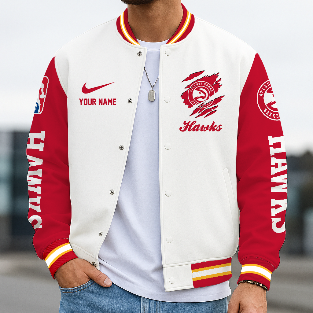 FINAL SALE - NEW CUSTOMIZED NBA17 AHA AT HAWKS BASEBALL JACKET, SATIN VARSITY JACKET