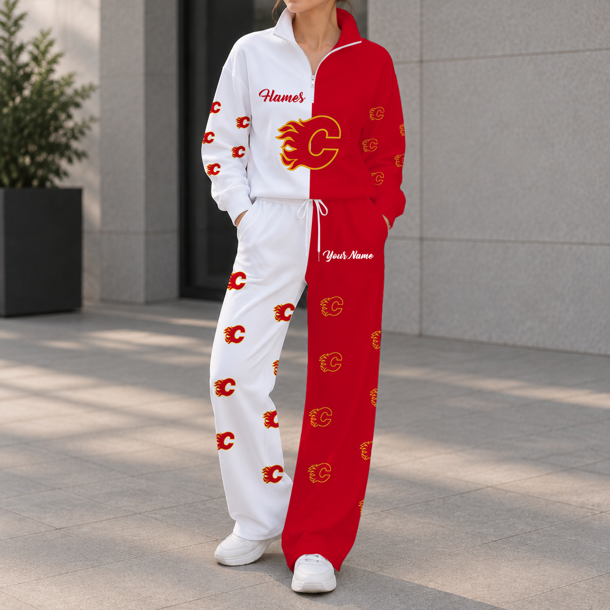 LIMITED EDITION - NEW CUSTOMIZED NHL17 CGF CALGARY FLAMES ZIPPER SWEATSHIRT & WIDE LEG PANTS SET