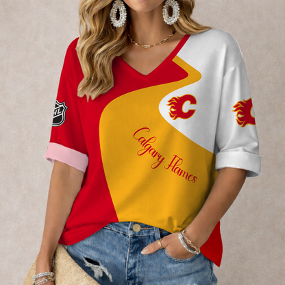 LIMITED EDITION - NEW CUSTOMIZED NHL17 CGF CALGARY FLAMES WOMEN'S V-NECK LONG SLEEVE SHIRT