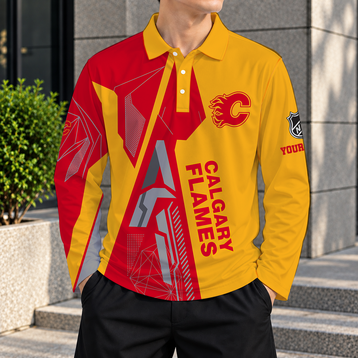 LIMITED DROP - NEW CUSTOMIZED NHL17 CGF CALGARY FLAMES MEN LONG SLEEVE POLO