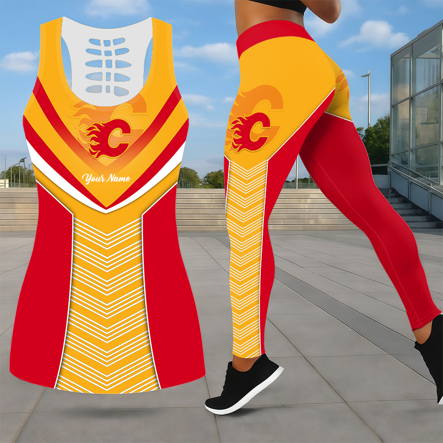 LIMITED EDITION - NEW CUSTOMIZED NHL17 CGF CALGARY FLAMES LEGGINGS & HOLLOW TANK TOP SET