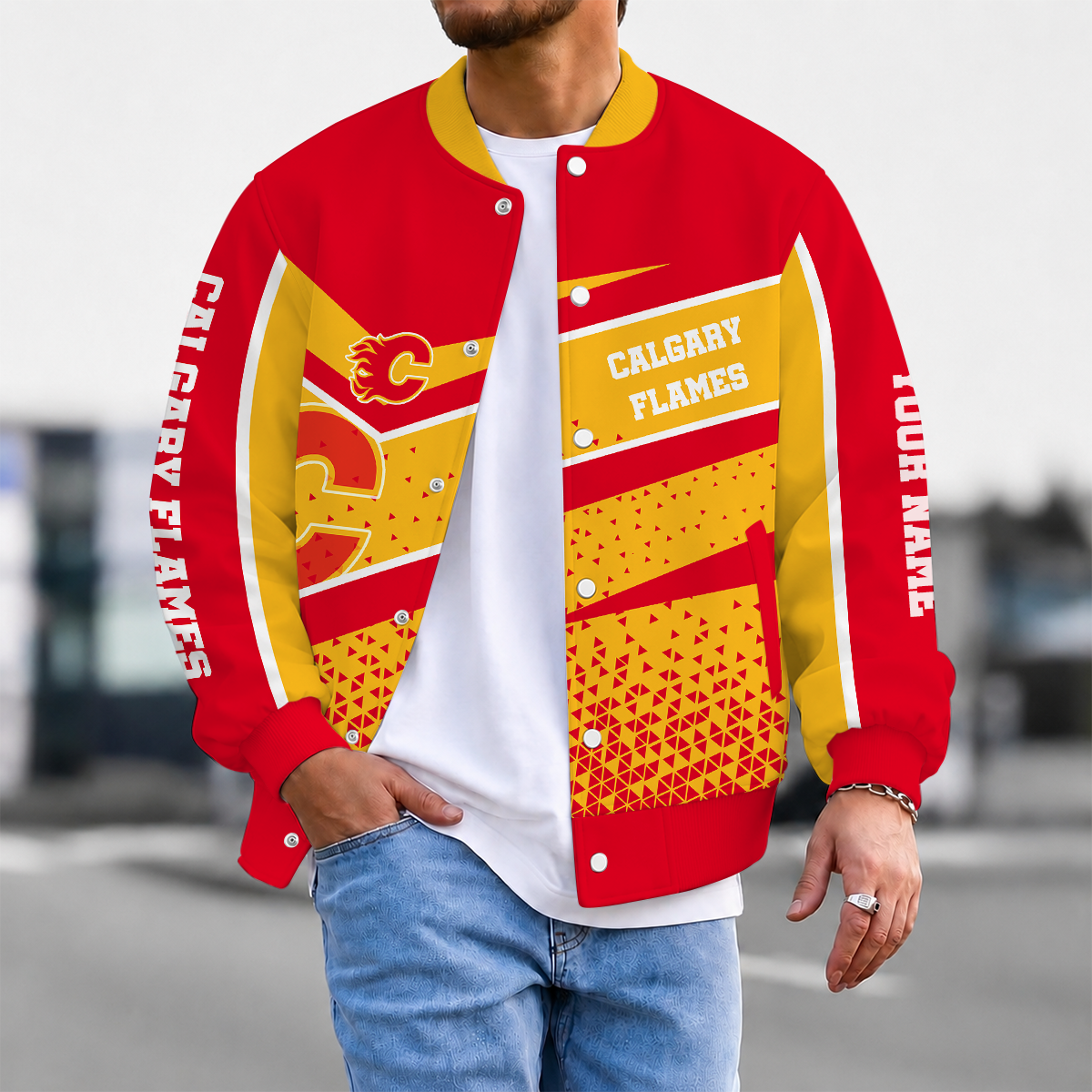 LIMITED EDITION - NEW CUSTOMIZED NHL17 CGF CALGARY FLAMES SATIN VARSITY JACKET & BASEBALL JACKET