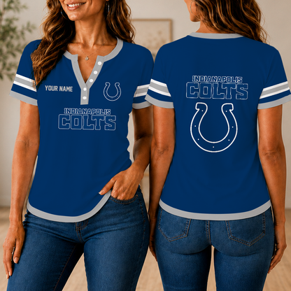 LIMITED EDITION - NEW CUSTOMIZED NFL17 IDC INDIANAPOLIS COLTS WOMEN'S SHORT SLEEVE HENLEY T-SHIRT