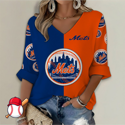 LIMITED EDITION - NEW CUSTOMIZED MLB17 NYM NEW YORK METS WOMEN'S  V-NECK LONG SLEEVE SHIRT