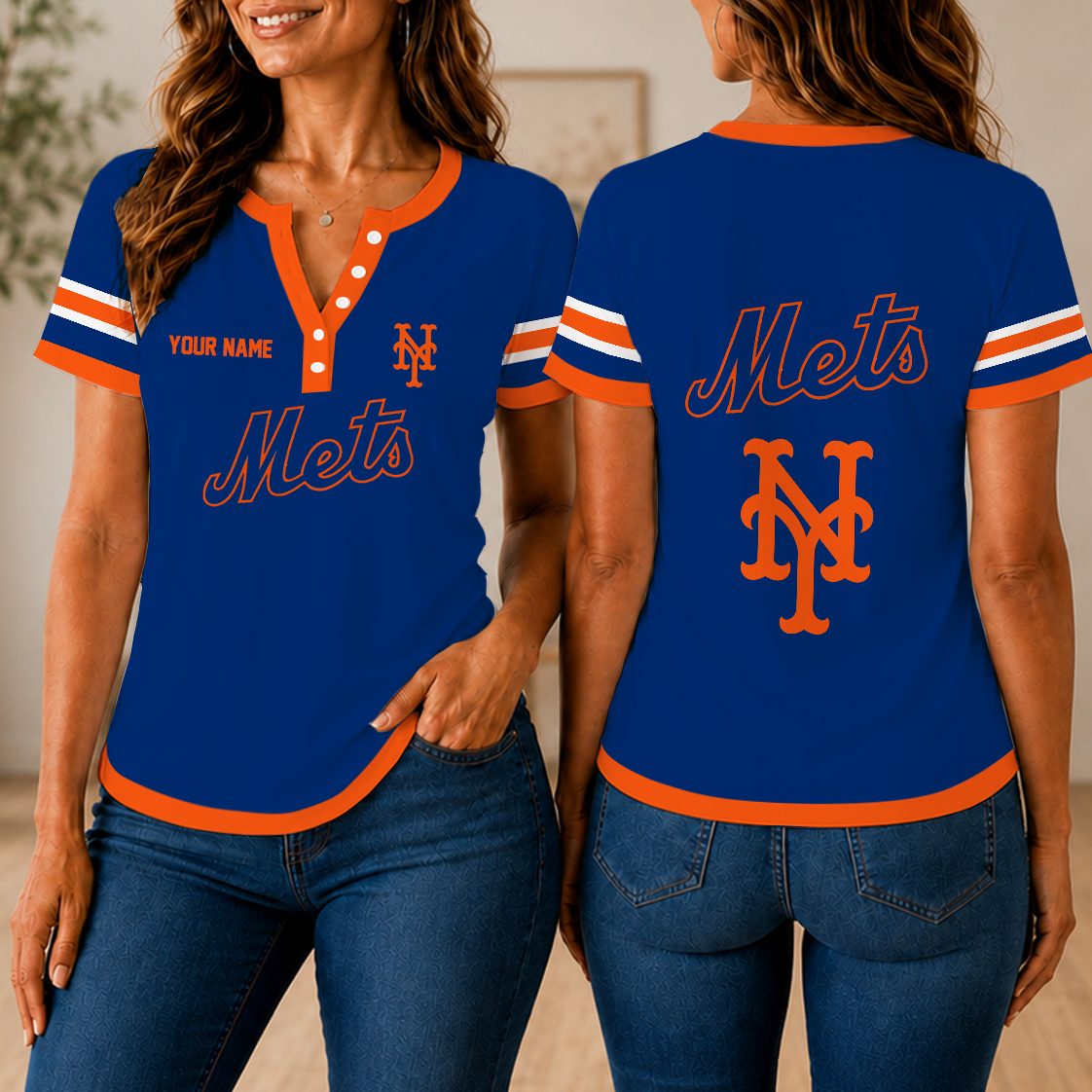 SPECIAL EDITION - NEW CUSTOMIZED MLB17 NYM NEW YORK METS WOMEN'S SHORT SLEEVE HENLEY T-SHIRT