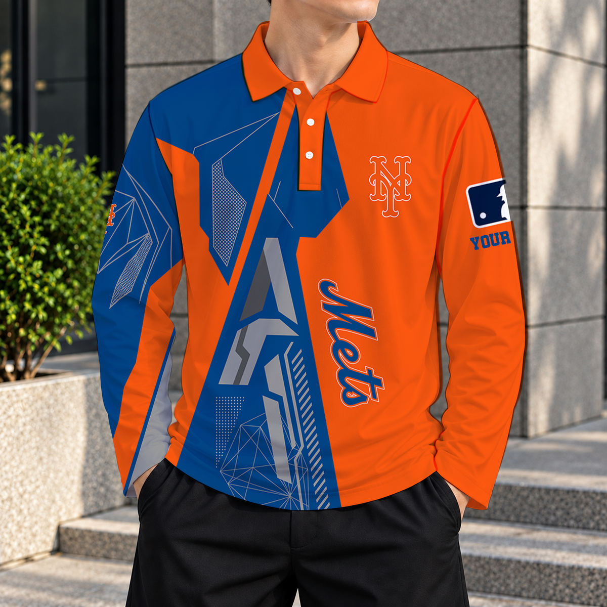 SPECIAL EDITION - NEW CUSTOMIZED MLB17 NYM NEW YORK METS MEN'S LONG SLEEVE POLO