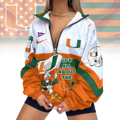 LIMITED EDITION - NEW CUSTOMIZED FBS NCAA17 MIH MI HURRICANES V-NECK ZIPPER SWEATSHIRT JACKET