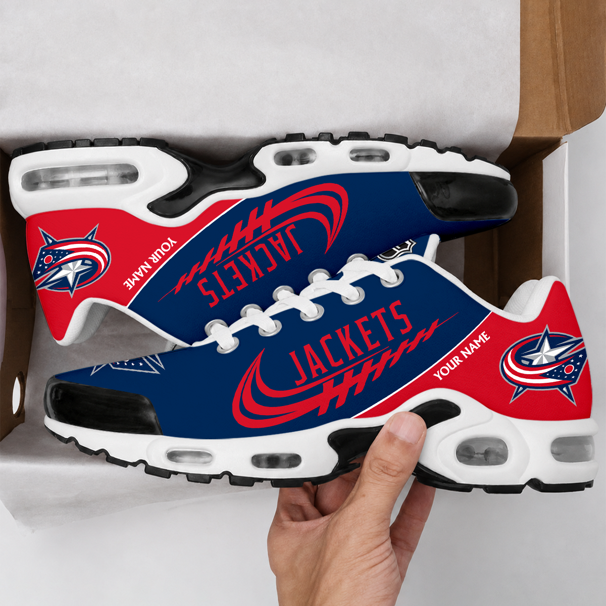 LIMITED EDITION - NEW CUSTOMIZED NHL18 CBJ COLUMBUS BLUE JACKETS AIR MAX PLUS SNEAKERS