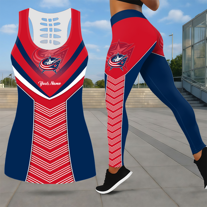 LIMITED EDITION - NEW CUSTOMIZED NHL18 CBJ COLUMBUS BLUE JACKETS LEGGINGS & HOLLOW TANK TOP SET