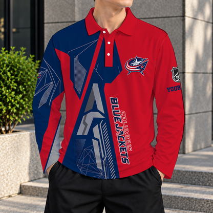 LIMITED DROP - NEW CUSTOMIZED NHL18 CBJ COLUMBUS BLUE JACKETS MEN LONG SLEEVE POLO
