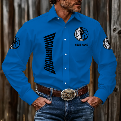 FINAL SALE - NEW CUSTOMIZED NBA18 DMA DALLAS MAVERICKS MEN'S LONG SLEEVE BUTTON-UP SHIRT
