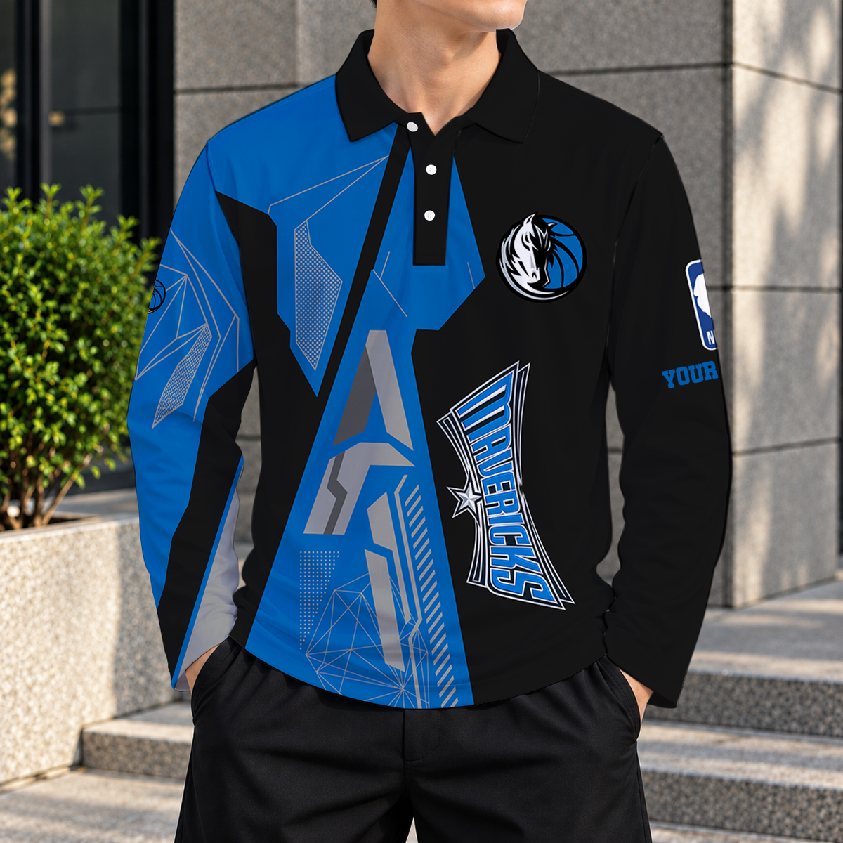 LIMITED EDITION - NEW CUSTOMIZED NBA18 DMA DALLAS MAVERICKS MEN'S LONG SLEEVE POLO