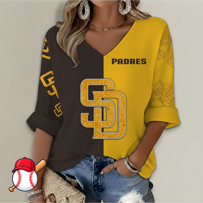 LIMITED EDITION - NEW CUSTOMIZED MLB18 SDP SAN DIEGO PADRES WOMEN'S  V-NECK LONG SLEEVE SHIRT