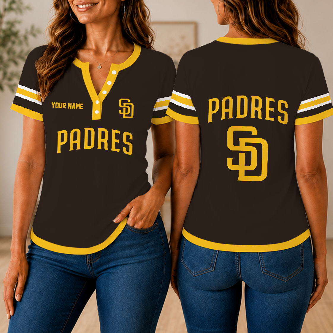 SPECIAL EDITION - NEW CUSTOMIZED MLB18 SDP SAN DIEGO PADRES WOMEN'S SHORT SLEEVE HENLEY T-SHIRT