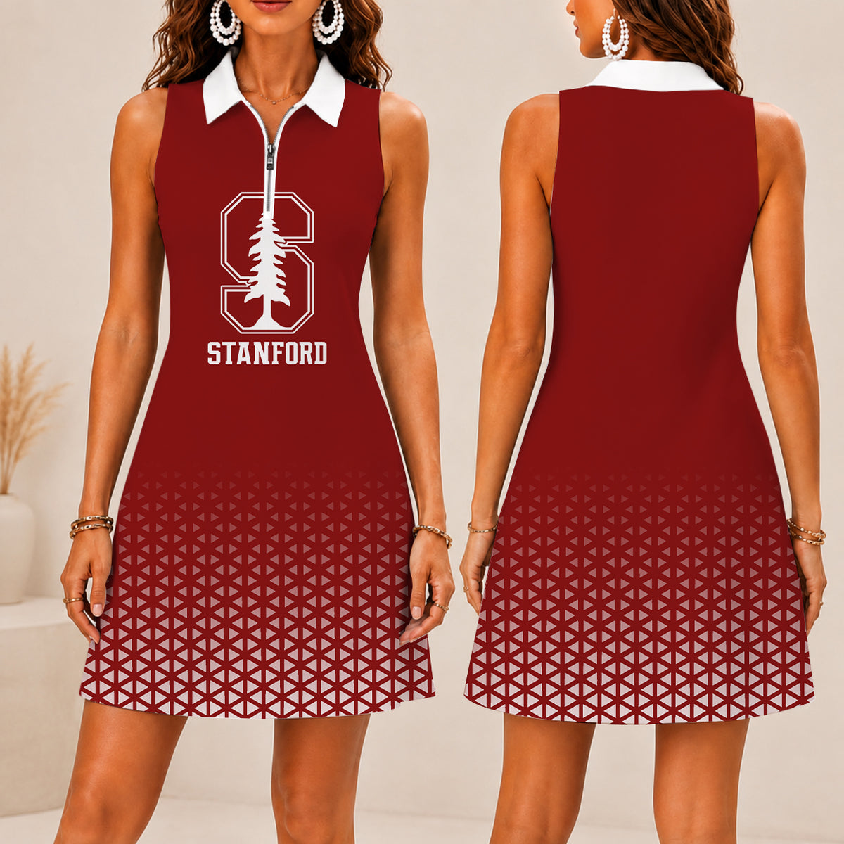 ELITE EDITION - NEW CUSTOMIZED | NCAA CWS18 STC STANFORD CARDINAL WOMEN'S ZIP SLEEVELESS POLO DRESS