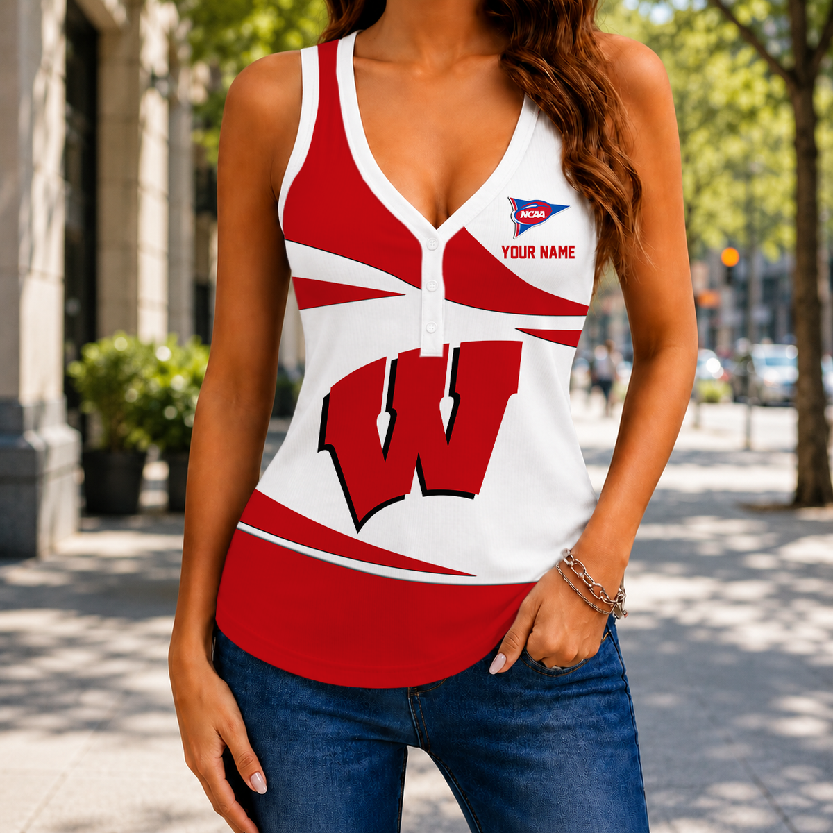 ELETE EDITION - NEW CUSTOMIZED NCAA FBS18 WSB WISCONSIN BADGERS WOMEN'S V-NECK TANK TOP