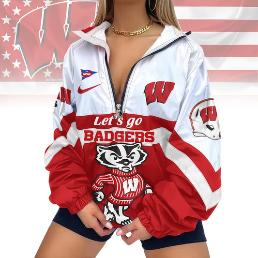 LIMITED EDITION - NEW CUSTOMIZED FBS NCAA18 WSB WS BADGERS V-NECK ZIPPER SWEATSHIRT JACKET