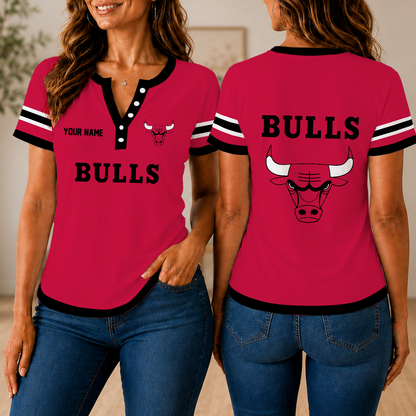 LIMITED EDITION - NEW CUSTOMIZED NBA19 CBU CHICAGO BULLS  WOMEN'S SHORT SLEEVE HENLEY T-SHIRT