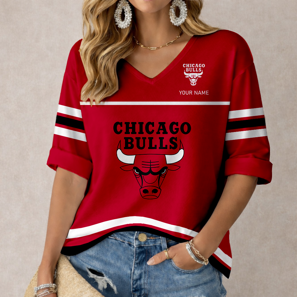 FINAL SALE - NEW CUSTOMIZED NBA19 CBU CHICAGO BULLS WOMEN'S HEART V-NECK LONG SLEEVE SHIRT