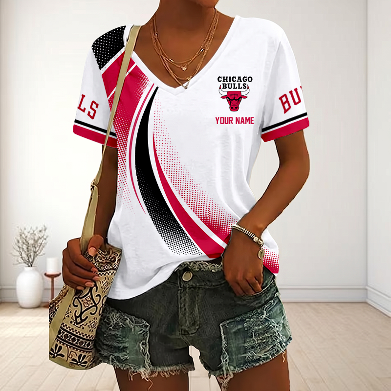 FINAL SALE - NEW CUSTOMIZED NBA19 CBU CHICAGO BULLS V-NECK FEMALE SHIRT