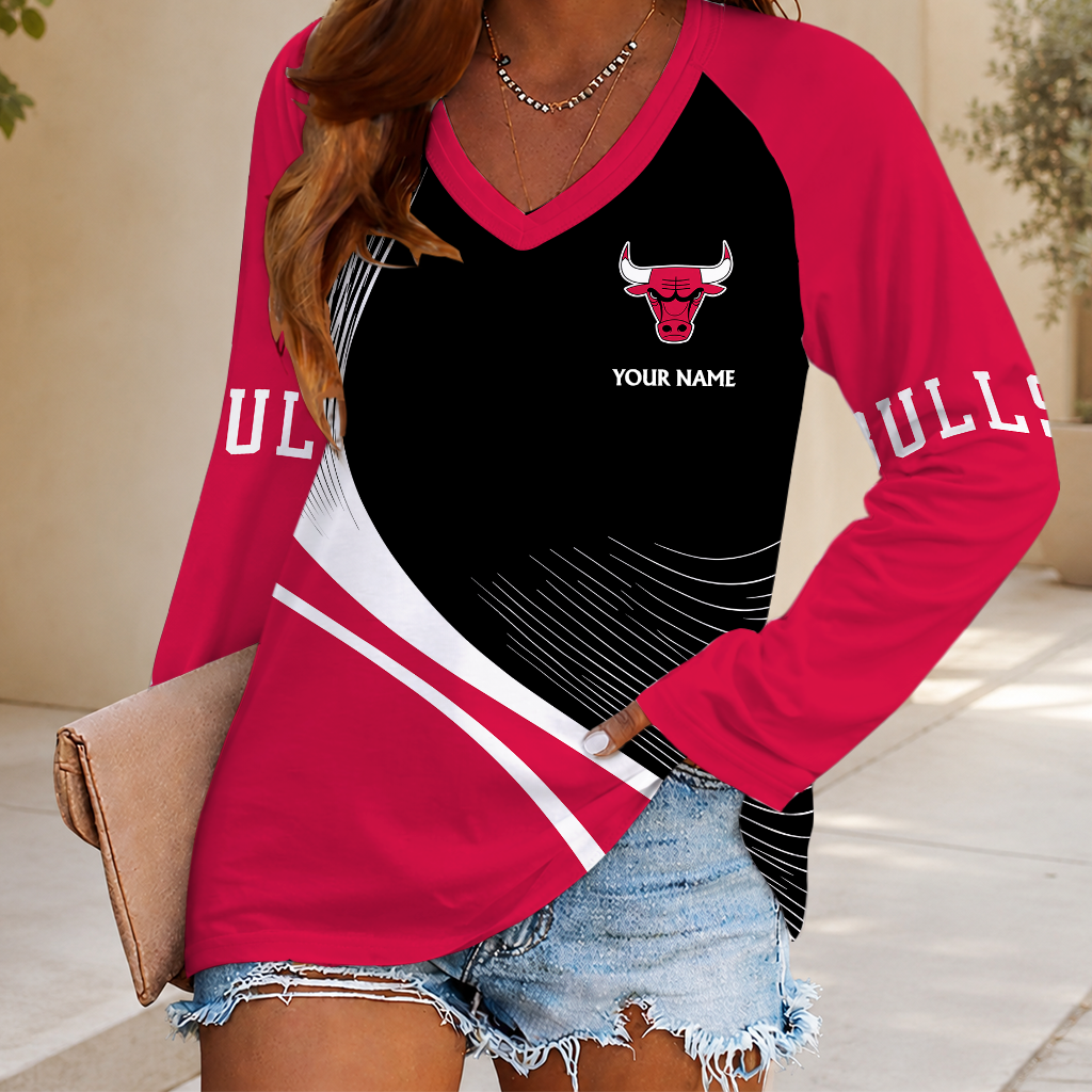 FINAL SALE - NEW CUSTOMIZED NBA19 CBU CHICAGO BULLS WOMEN'S V-NECK LONG SLEEVED SHIRT