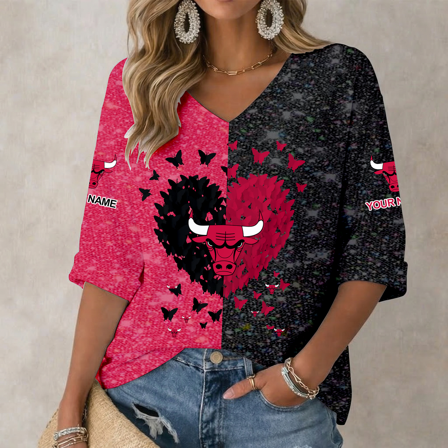 FINAL SALE - NEW CUSTOMIZED NBA19 CBU CHICAGO BULLS WOMEN'S HEART V-NECK LONG SLEEVE SHIRT