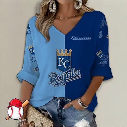 LIMITED EDITION - NEW CUSTOMIZED MLB19 KCR KANSAS CITY ROYALS WOMEN'S  V-NECK LONG SLEEVE SHIRT